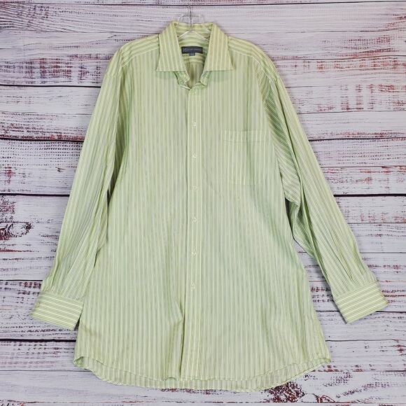 Hickey Freeman Green White Blue Striped Long Sleeve Shirt Button Down Size 17- L - Picture 2 of 9
